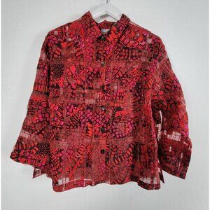 Chico's Womens Red & Black Abstract Button-Up Sheer Shirt Top Size 3 Long Sleeve